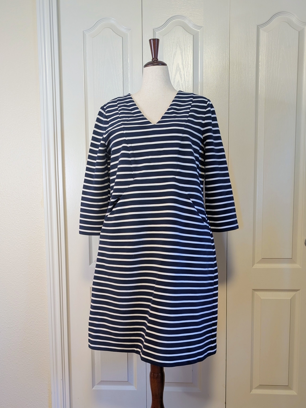 Boden Striped Ponte Knit Shift Dress | Navy Cream | EUC | 16/18R